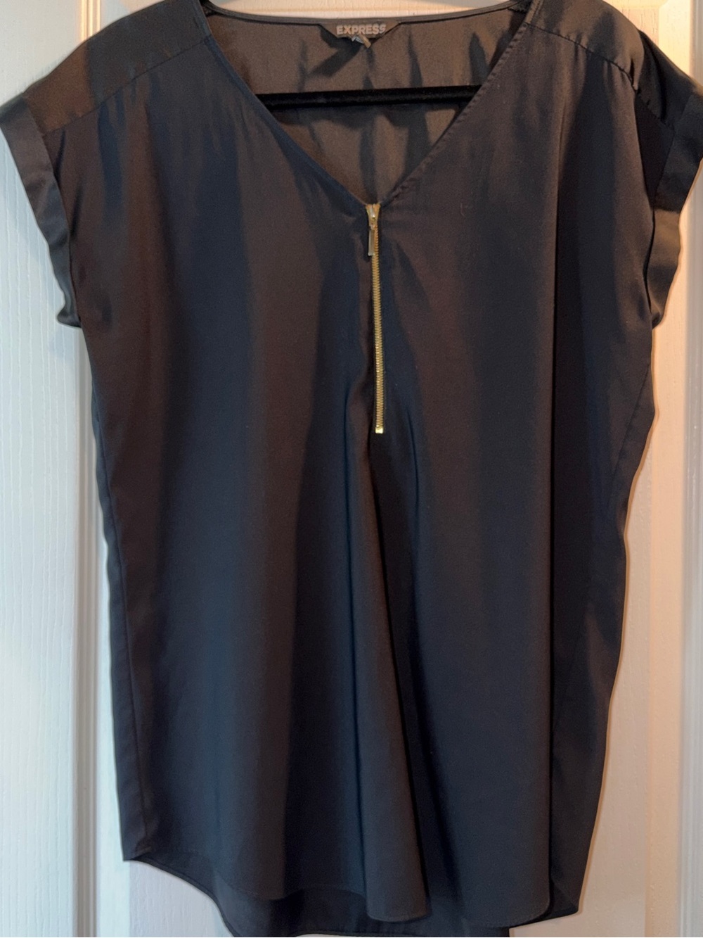 Express Black V-Neck Cap Sleeve Blouse with Gold Zip